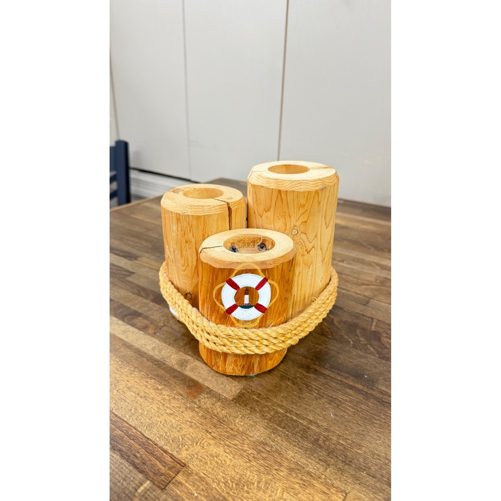 Nautical Wood Log Pillar Candle Holder Set Rope Bound Coastal‎ Lighthouse Decor